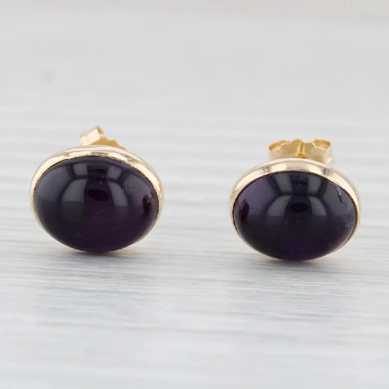 Pearl Drop Earrings-Amethyst Oval Cabochon Solitaire Stud Earrings 14k Yellow Gold